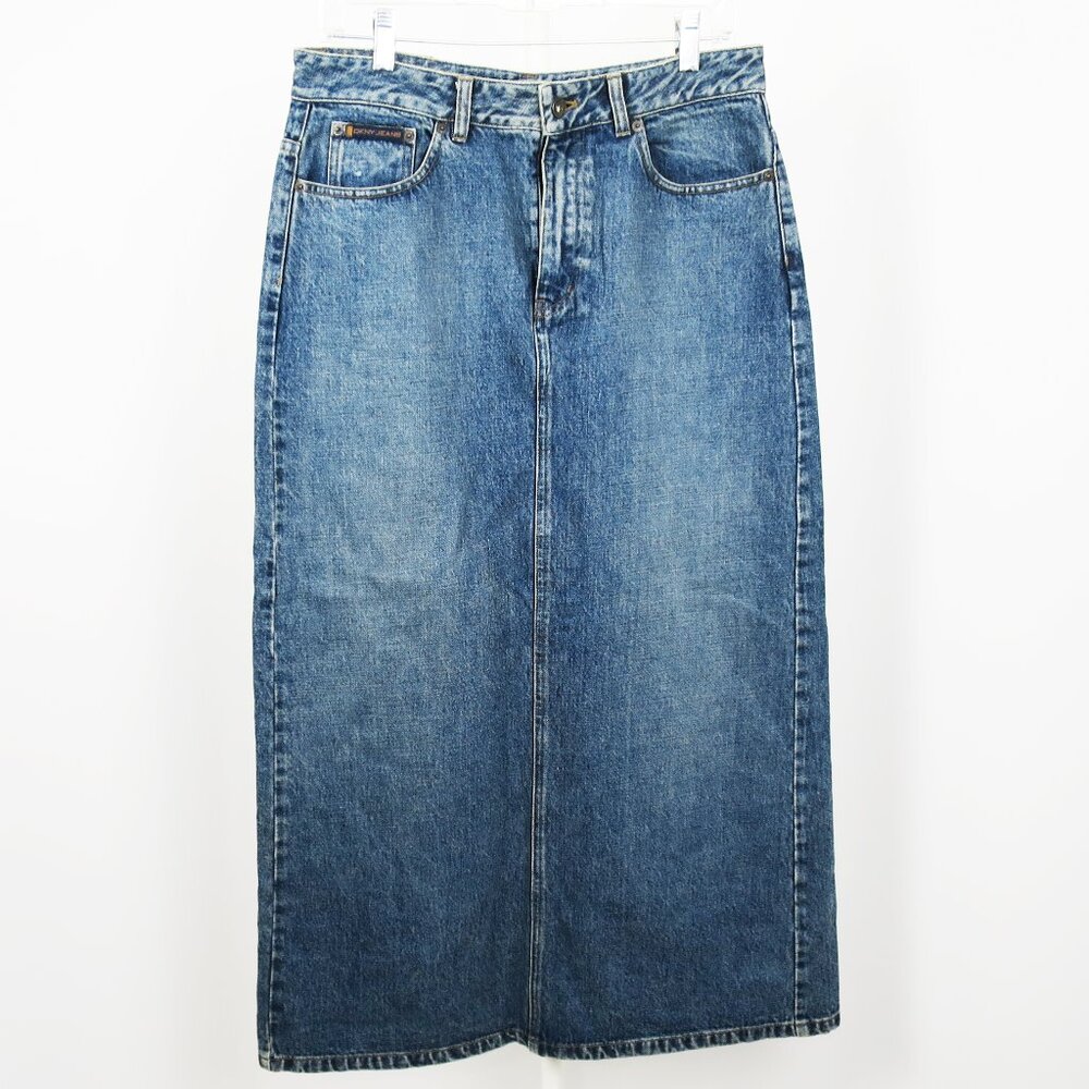 Vintage 90s DKNY Denim Long Pencil Skirt 37" 100% Cotton Back Slit Size 10 1990s